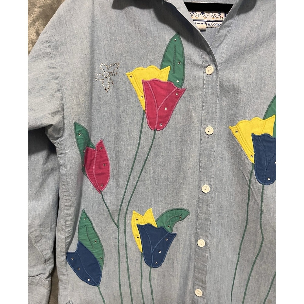 JB Duckworth & Co SZ XL Vintage Floral Tulip Long Sleeve Button Front Cotton - Picture 3 of 6
